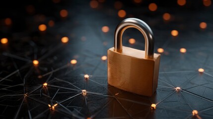 A golden padlock rests on a network of glowing nodes, symbolizing digital security and data protection. The background shows blurred light