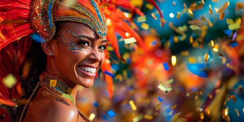 Beautiful Brazilian woman celebrating carnival in the streets of Brazil