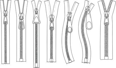 Set of zipper designs line art technical fashion fastener collection isolated on white background cad drawing flat vector illustration style © SreeRupali