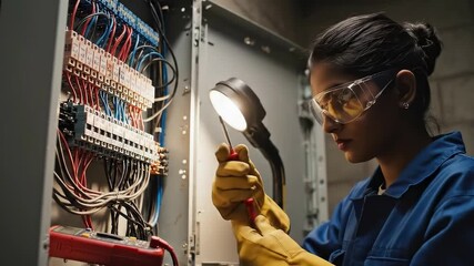 Female Electrician Working on Electrical Panel, Performing Maintenance with Screwdriver and Safety Gear