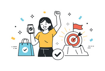 Customer Purchase Success. Customer conversion success. A character completing a purchase and reaching a final goal icon. Positive outcome and satisfaction,