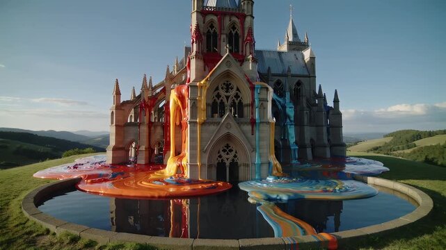 Melting Gothic Cathedral Oil Painting Animation, Dripping Arches and Towers, Vivid Paint Colors Flowing into Reflecting Pool, Surreal Painterly Motion