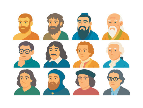Colorful Philosophers Icons. Philosophical schools. Colorful flat vector icons set of Philosophical schools: Stoic philosopher portrait, Cynic philosopher