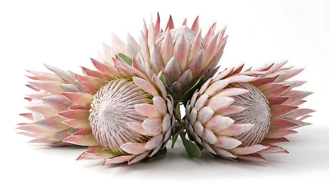 Blush pink king protea flower trio isolated on white background