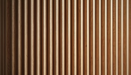 Wooden cabinet features vertical fluted grooves creating depth, shadow. Modern interior design element with natural wood grain texture. Adds architectural detail, sophisticated style to any room.