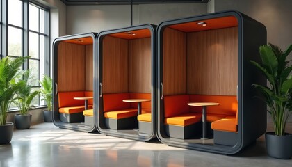 Three modern soundproof booths with orange seats and wood walls offer private spaces for work or meetings. Nearby plants add a touch of nature to the clean, minimalist office interior.