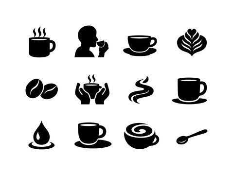 Coffee Icon Set. Coffee moments. Solid icon set of coffee moments: steaming mug, sip silhouette, cup on saucer, latte art rosette, bean pair, cozy hands, drink