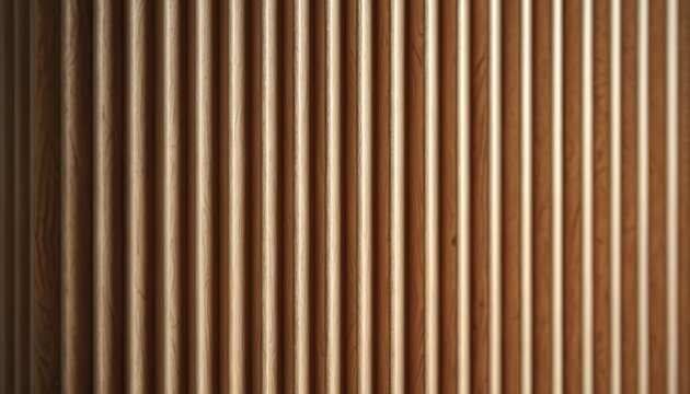 Wooden cabinet features vertical fluted grooves creating depth, shadow. Modern interior design element with natural wood grain texture. Adds architectural detail, sophisticated style to any room.