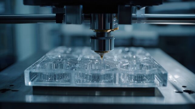 Medium shot of a 3D printer crafting intricate resin mold inserts highlighting precise layers building complex shapes for rapid prototyping and manufacturing.