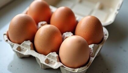 Brown egg in carton for natural farm food, breakfast, and ingredient use. Healthy eating and cooking concept.