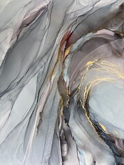 Abstract blue with gray hand made aquarelle background. Beautiful watercolor artwork made with gold and alcohol ink. Blue smoky fluid art texture resembles mist, blue marble, water, ocean, flow.