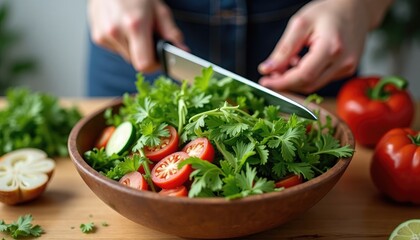 Woman hands chopping green herb for a fresh salad preparation in a wooden bowl at home kitchen. Healthy eating and cooking concept.