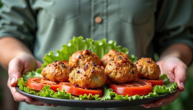 Woman chef holding a plate of delicious chicken meatballs with fresh lettuce and tomato slices. Healthy food presentation for dinner menu.