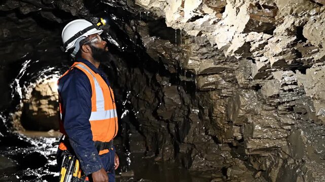 Miner Inspecting Cave Ceiling with Water Dripping, Geologist Examining Rocky Formation in Dark Underground Environment