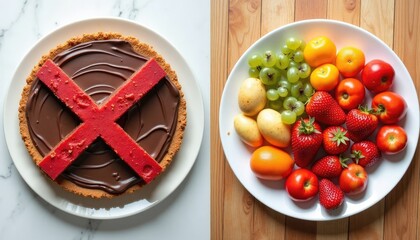 Comparison of unhealthy chocolate dessert and healthy fresh fruit on separate plates illustrating dietary choice or wellness concept.