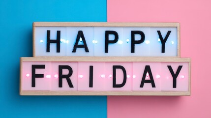 A lighted sign displays the phrase "Happy Friday". The background is split between pink and blue, creating a vibrant, appealing visual