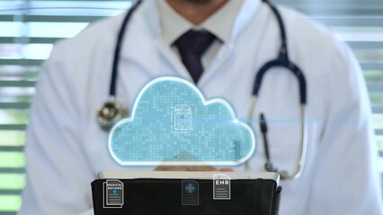 Doctor uploads patients medical records to cloud using tablet. Representing EHR, EMR, and digital health technology concept