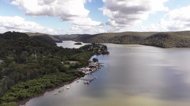 Hawkesbury river Mooney Mooney fishing aquaculture village waterfront aerial view.