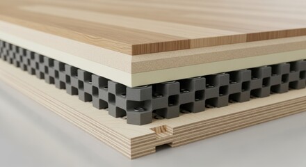 Crosssectional view of sprung dancefloor panel layers displaying shockabsorbing cores and interlocking edges for longlasting durability.