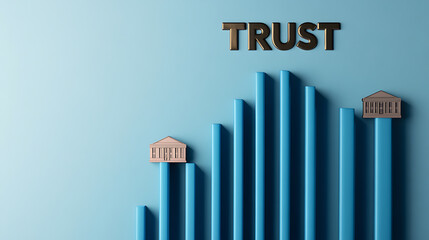 A graphical representation of trust growth and stability, symbolized by ascending bars and architectural structures, conveying progress and solid foundations.