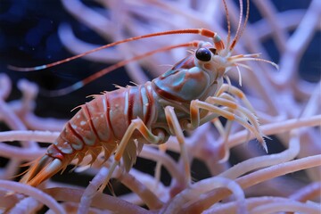 Close-up of a colorful mantis shrimp resting on coral in an underwater environment