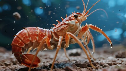 Close-up of a red crayfish on a rocky substrate in an aquatic environment
