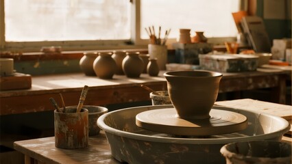 Pottery studio with clay pots on a wheel and workbench under natural light