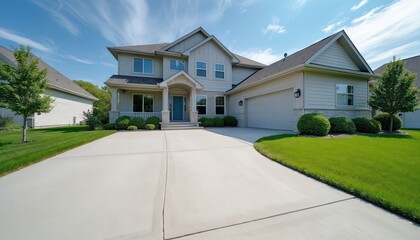 Modern suburban house with clean concrete driveway. Expansive lawn and manicured bushes surround property. Two story home features attached garage, welcoming blue door, and gray siding.