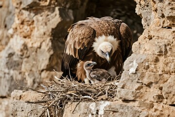 A vulture tends to its chick in a rocky nest built into a cliffside.