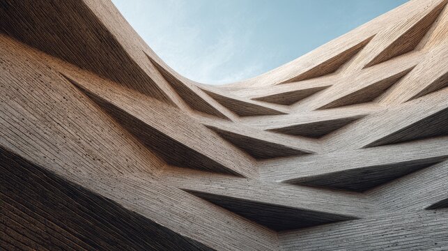 Abstract architectural concrete wall with angular patterns under sky.