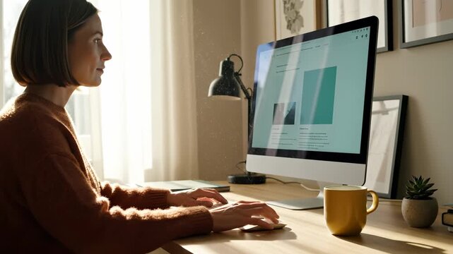 Woman designer types on keyboard viewing design layout on computer at desk. Designer works with computer showing design. Woman typing at desk with design on screen. Home office work with coffee.