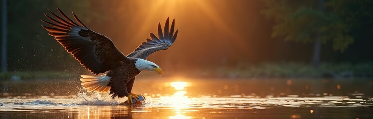Bald eagle stoops for fish in lake water at sunset golden hour. Bird of prey with spread wings grabs prey, creating splashes. Majestic wild animal hunts in natural habitat.