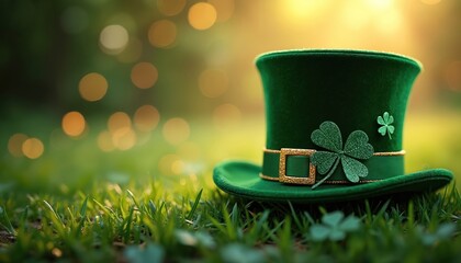 Green leprechaun hat sits on grass adorned with shamrock clover leaf. Golden buckle band, sparkling festive accessory for St Patricks Day celebration outdoor.