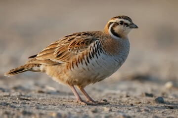 A close-up of a quail standing on sandy ground, showcasing its detailed plumage and natural habitat.