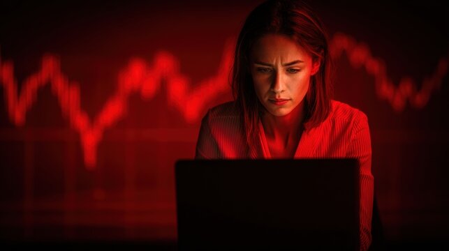 Worried Woman with Laptop: A concerned woman staring intently at a laptop screen, with red graphs looming in the background, symbolizing financial downturns and business anxiety.