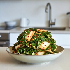 Kimchi, a traditional Korean fermented vegetable dish, served in a white bowl with vibrant red seasoning.