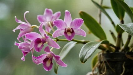 Close-up of pink orchid flowers with green leaves in a natural setting