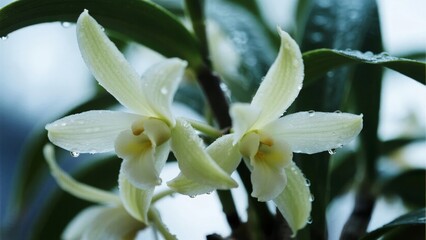 Close-up of pale yellow orchid flowers with water droplets on petals and green leaves in background