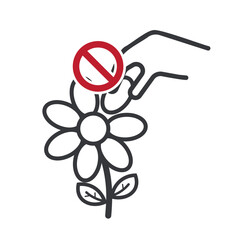 Isolated prohibition sign of hand touching flower, clear symbol for park signage prohibiting plant damage, promoting environmental safety and awareness.