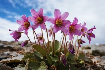 Pink alpine flowers blooming on rocky terrain under a blue sky