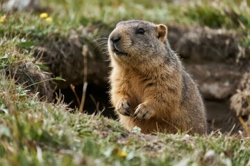 A marmot standing alert on a grassy hillside near its burrow