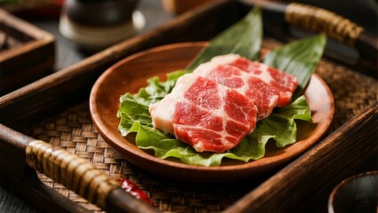 Raw marbled meat slices served on a wooden plate with green leaves, presented on a woven tray.