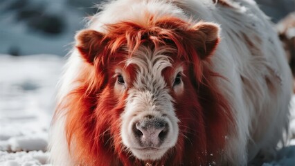 Close-up of a fluffy red and white calf lying in the snow