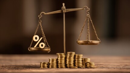 Balancing Rates and Finance: A detailed view of a classic balance scale poised above a meticulously arranged stack of coins and a percentage symbol.