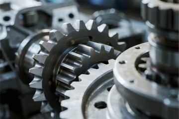 Close-up of metallic gears and mechanical components in an industrial setting