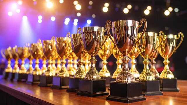 Array of shiny gold trophies sitting on a wooden table with blurred background lights during awards ceremony or championship contest.
