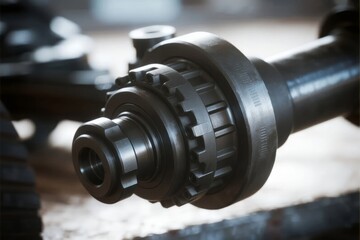 Close-up of a mechanical gear assembly on a shaft, showcasing industrial machinery components.