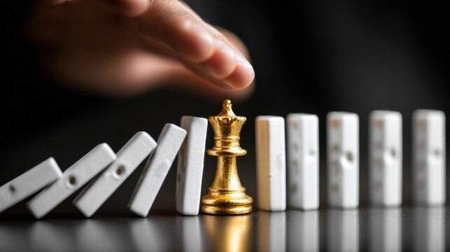 Strategic Dominoes: A person's hand strategically steadies a golden chess queen amidst a line of dominoes, creating a powerful metaphor for leadership, strategy, and control. 