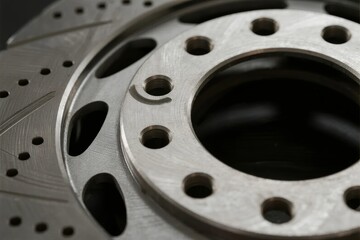 Close-up view of a metallic brake rotor with drilled holes and ventilation slots