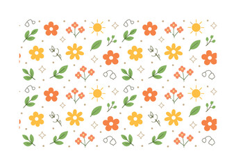 Summer Floral Harmony. Seasonal floral pattern summer. Simple flowers, leaves and sun-like shapes arranged in a soft repeating grid. Warm and relaxed mood,